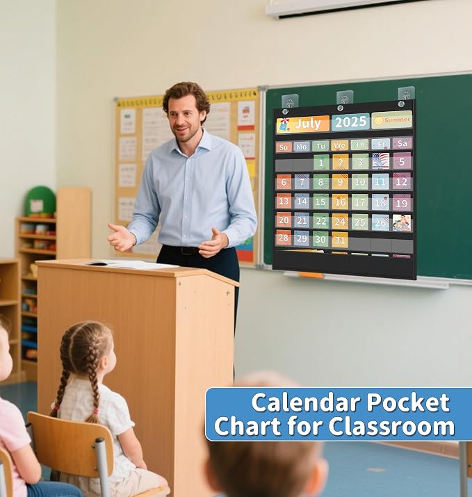 Yoink 48 Pockets Classroom Calendar Pocket Chart for Kids Learning - Monthly Calendar with Durable Fabric, Homeschool and Teacher Supplies, Preschool Kindergarten Wall Decor, Only Chart (Black)