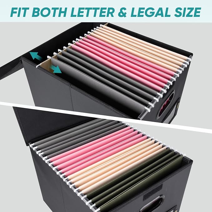 BALEINE File Organizer Box with Lid, Collapsible File Folder Organizer with Plastic Slide, Hanging File Folder Box for Office Document Storage (2 Pack, PU, Black)