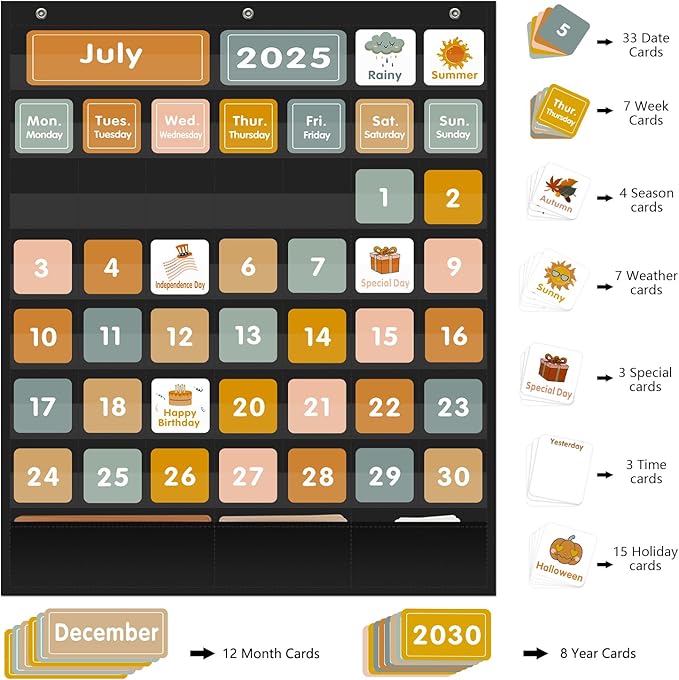 REGELETO Boho 46+3 Pockets Calendar Pocket Chart with 92 Cards for Classroom,Large Size: 28.75 x 24 inch Black Monthly Calendar and Weather Pocket Chart for Students Learning for Home or School