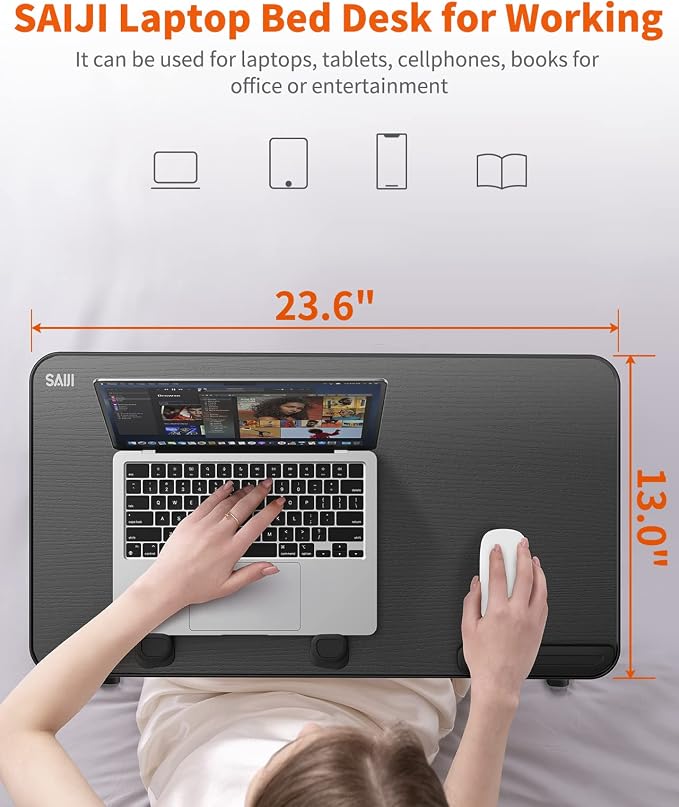 Desk, Table, SAIJI Adjustable Laptop Stand, Breakfast Tray, 5 Heights, 4 Angles, Stable Folding Table for Bed Sofa Desk, Suitable for Laptops up to 17 Inches (60 x 33 cm Black)