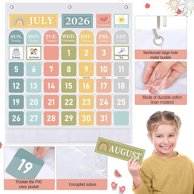Sinload Classroom Calendar Pocket Chart Set Calendar Bulletin Board Set Seasons Festival Weather Pocket Chart for Classroom Decoration Back to School Supplies(Muted Boho,Muted)