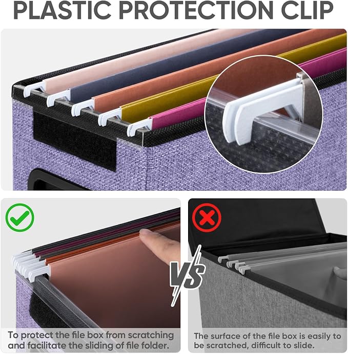 BALEINE File Organizer Box with Lid, Collapsible File Folder Organizer with Plastic Slide, Hanging File Folder Box for Office Document Storage (2 Pack, Purple, S)