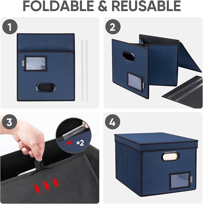 BALEINE File Organizer Box with Lid, Collapsible File Folder Organizer with Plastic Slide, Hanging File Folder Box for Office Document Storage (Tab Friendly, 1 Pack, Blue)