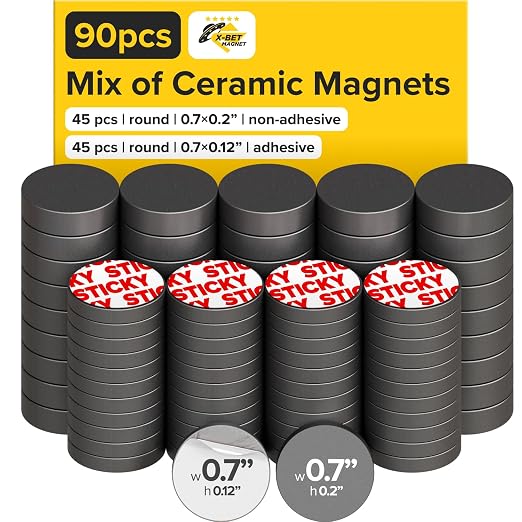 Ultra-Strong Ceramic Round Magnets with Adhesive Backing (2 Sizes Mix, 90 pcs) – Heavy Duty Sticky Magnets, Non-Corrosive, Versatile for Home, Office, Workshop, Whiteboard, Fridge and Hobby Use