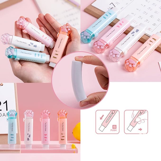 Retractable Pencil Eraser, 4PCS Push-Pull Traceless Rubber Eraser | Cute Shape, School, Home, Retractable, Easy Storage, Push-Pull, Traceless Rubber, Rounded Edge Design, Prolonged Use