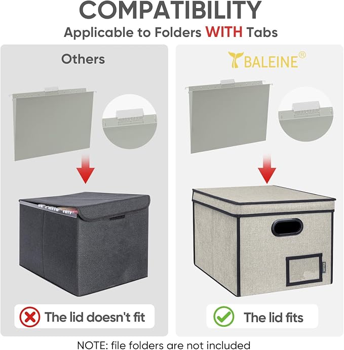 BALEINE File Organizer Box with Lid, Collapsible File Folder Organizer with Plastic Slide, Hanging File Folder Box for Office Document Storage (Tab Friendly, 1 Pack, Beige)