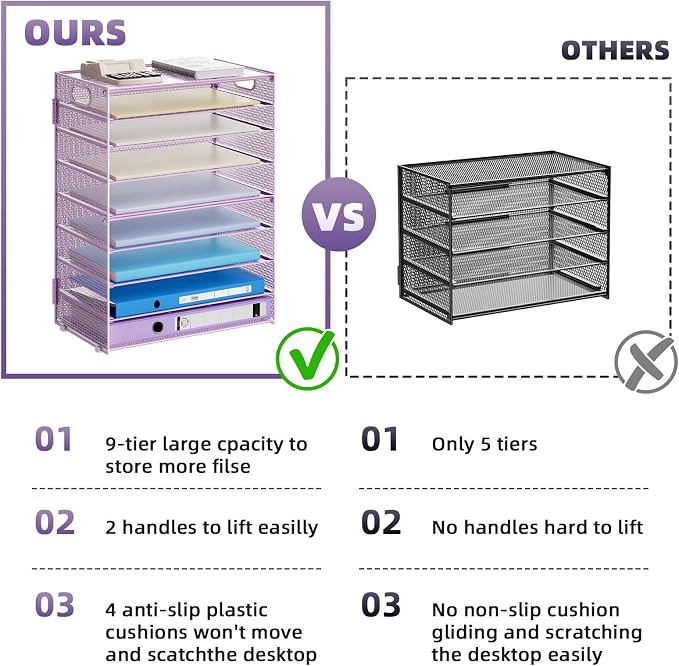 Marbrasse Paper Organizer Letter Tray, 9 Tier Mesh File Organizer with Handle, Paper Sorter Desk Organizer for Home Office Supplies - Purple