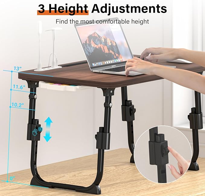 Lap Desk for Bed, Adjustable Laptop Desk with USB Charging Port, Storage Drawer & Bookshelf — Foldable Bed Desk for WFH & Students, 23.6" Desktop Fits 21" Laptop, Non-Slip, Walnut