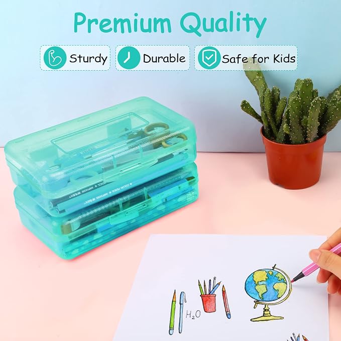 Sooez 1 Pack Clear Pencil Box, Plastic Hard Pencil Case with Stickers, Large Crayon Box with Snap-tight Lid, Stackable Storage Box Art Craft Marker Organizer Box for Kids Boys Back to School, Green