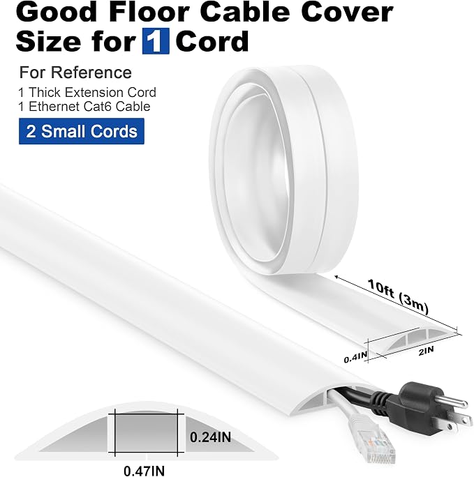 10FT Floor Cord Cover, LZEOY White Cord Hider Floor, Cable Floor Cover Power Cord Cover, Durable Cord Covers for Wires on Floor, Floor Cord Protector Hide Cords on Floor Cord Cavity: 0.47" W x 0.24" H