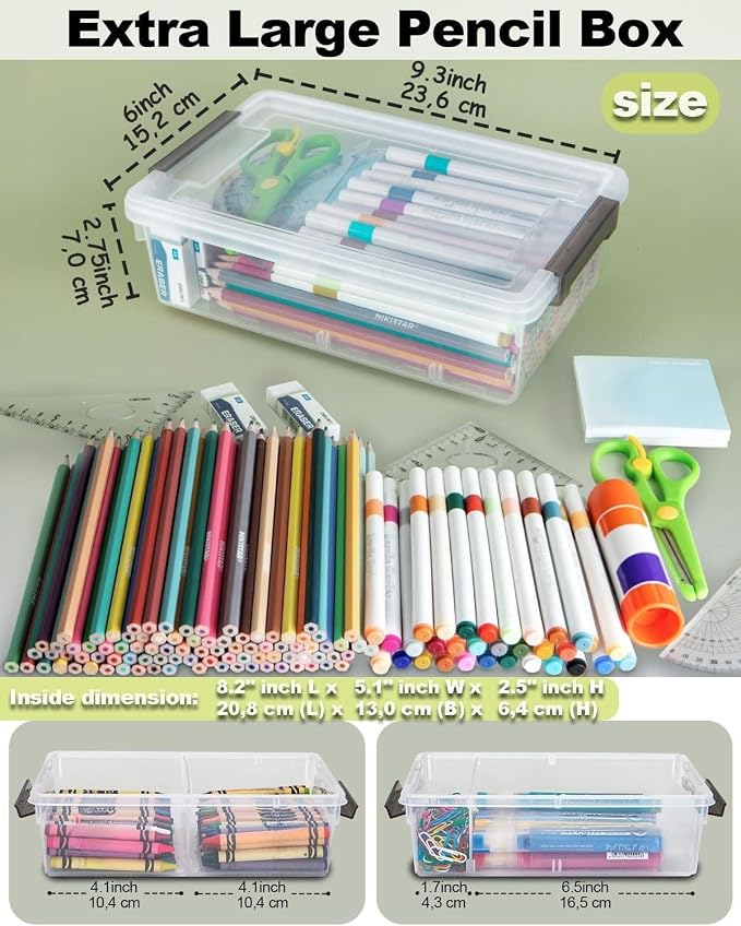12 Pack Extra Large Pencil Box with Removable Divider, Thickened Pencil Case Bulk, Clear Crayon Marker Organizer Stackable Plastic Small Storage Containers for Pen Craft School Supplies(Grey)
