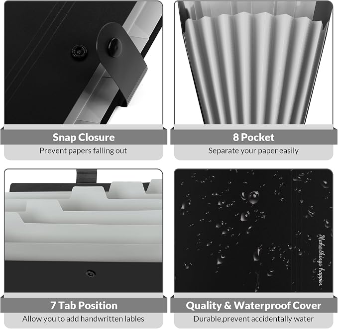 SKYDUE 8 Pockets Expanding File Folders, Accordion Folders, Portable Paper Bill Receipt Organizer, Letter Size, Home College School Office Supplies, Black