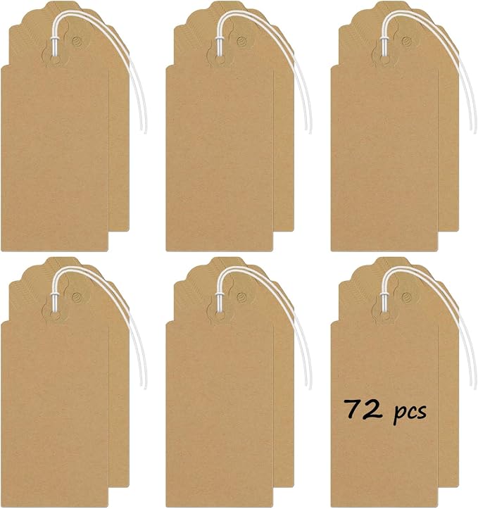 Uniclife 72 Pcs Blank Shipping Tags with Elastic String Attached Kraft Paper Hang Tags with Reinforced Eyelet Large Marking Price Tag Inventory Label Tag, Brown (4.7" L x 2 3/8" W)