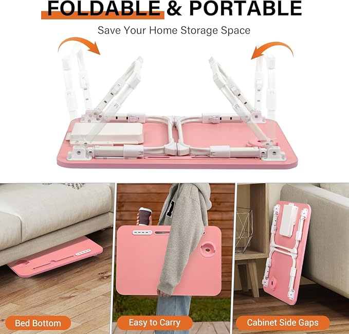 Lap Desk for Bed, Adjustable Laptop Desk with USB Charging Port, Storage Drawer & Bookshelf — Foldable Bed Desk for WFH & Students, 23.6" Desktop Fits 20" Laptop, Non-Slip, Pink