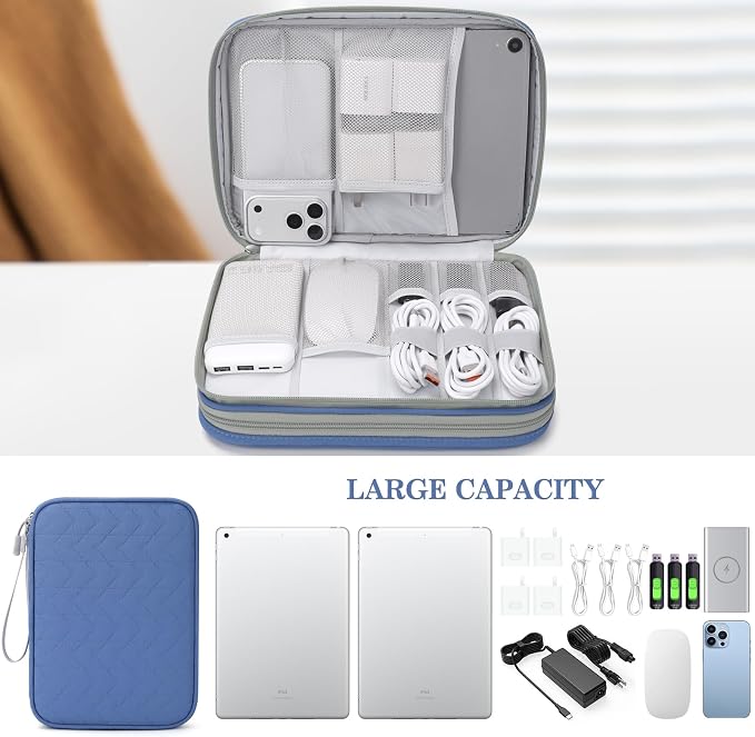 FYY Electronic Organizer, Extra Large Travel Cable Organizer Bag Pouch Portable Waterproof Double Layers All-in-One Storage Bag for iPad, Cable, Power Bank, Laptop Charger for Office, Blue-Pattern