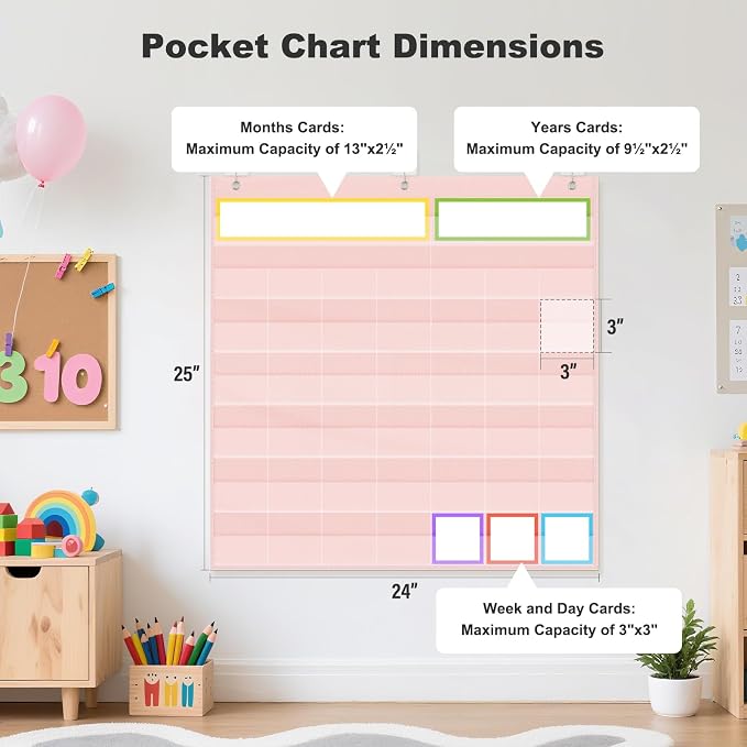 EAMAY Classroom Monthly Calendar Pocket Chart for 2.75 * 2.75 Cards,Homeschool Supplies and Classroom Must Haves! Only Chart(Pink)