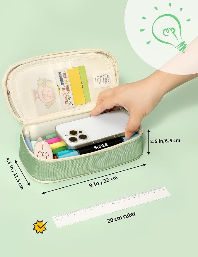 SUNEE Cute Pencil Case, Large Pencil Pouch, Aesthetic Big Pencil Bag with Zipper, Kawaii Stationery Storage and Organizer, School Supplies for Boys and Girls Teen, Heavy Duty Oxford Canvas, Sage Green