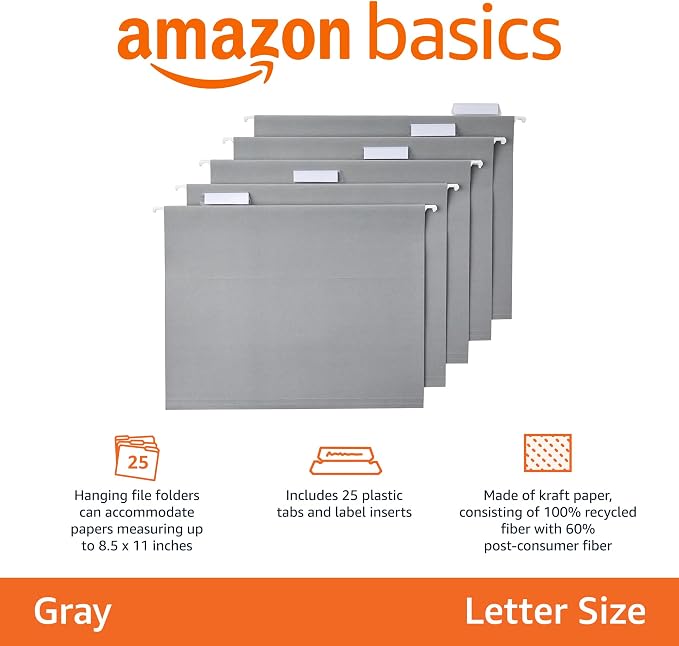 Amazon Basics Hanging File Folders with Adjustable Tabs for Document Organization, Letter Size, Gray, 50-Pack