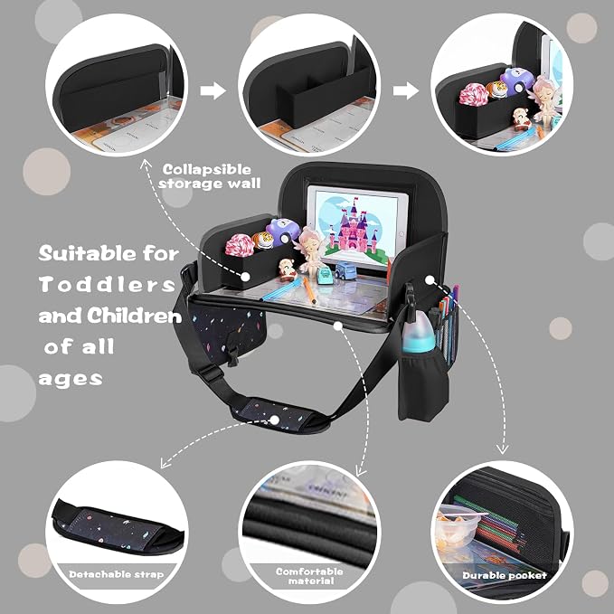 MENZOKЕ Kids Travel Tray, Road Trip Activities for Kids Toddlers | Toddler Car Activities with No-Drop iPad Holder Stand, Roadtrip Essentials with Dry Erase Board & Cooler Cup Holder, Black