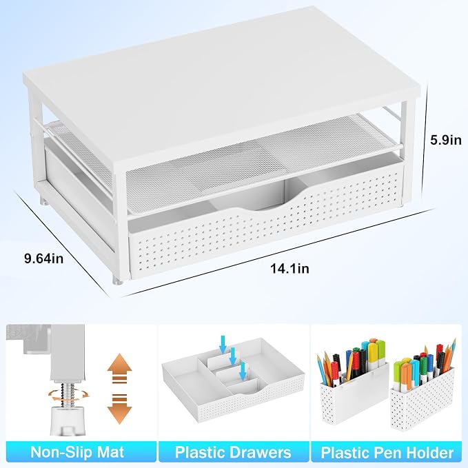gianotter Desk Organizers and Accessories, Monitor Stand with Drawer and 2 Pen Holder, Desktop Organizer Suitable for Offices and Dormitories (White-Plain)