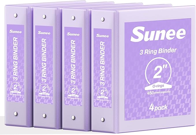SUNEE 3 Ring Binders 2 Inch 4 Pack, Clear View Binder Three Ring PVC-Free (Fit 8.5x11 Inches) for School or Office Supplies, Purple