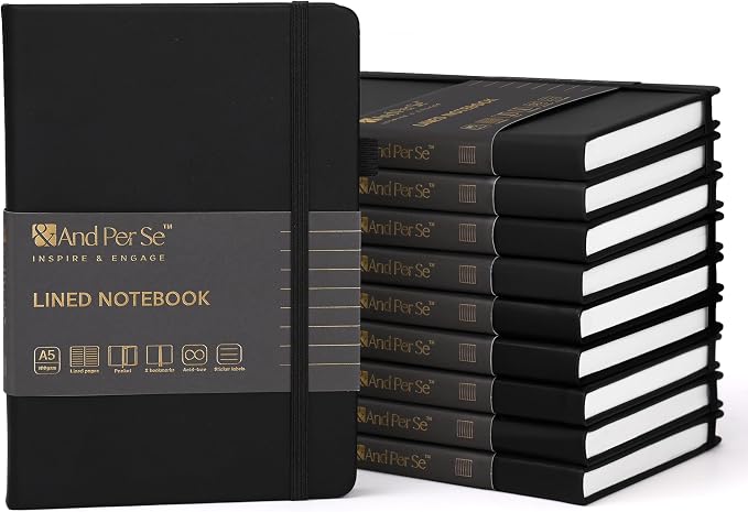 &And Per Se 10-Pack Lined Notebooks, A5 Hardcover, 160 Pages 100gsm Thick Paper, Office Supply Bulk Order, Corporate New Hire Kits, Breakroom Essentials – College Ruled, 10 Units (Black)