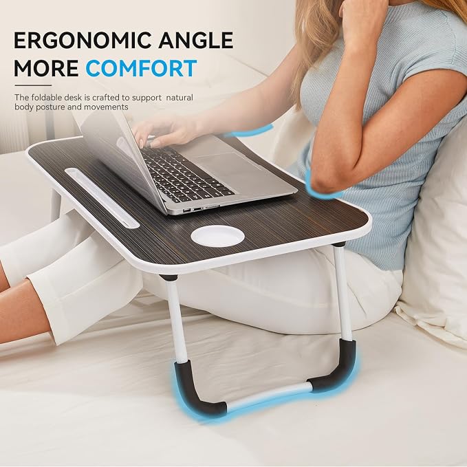 BUYIFY 23" Foldable Lap Desk for Laptop Writing w/Cup Holder Black | Sturdy and Durable, Laptop Bed Desk with Tablet Slot, No Assembly, Space Saving for Bed Couch Dorm WFH Students