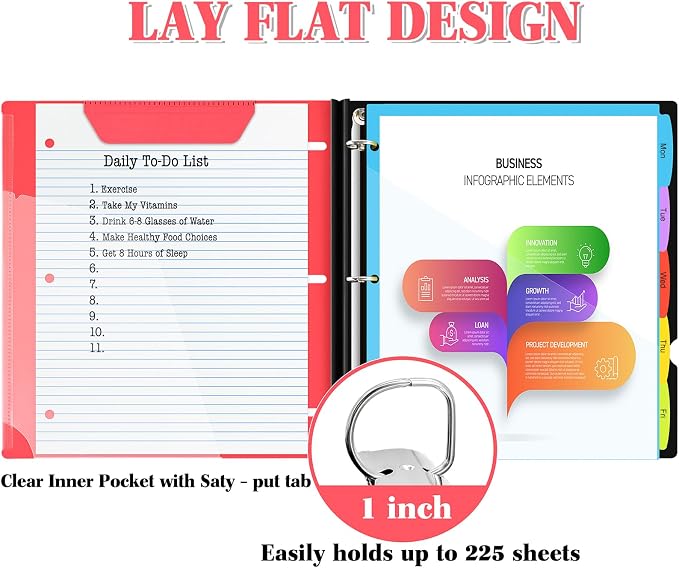 INFUN 1 Inch Telescoping Project Organizer Binder-2PCS,13 Pocket, Customizable Front Cover, 5 Colors Pocket Divider and Plastic Binder Pocket，225 Sheet Capacity-Red