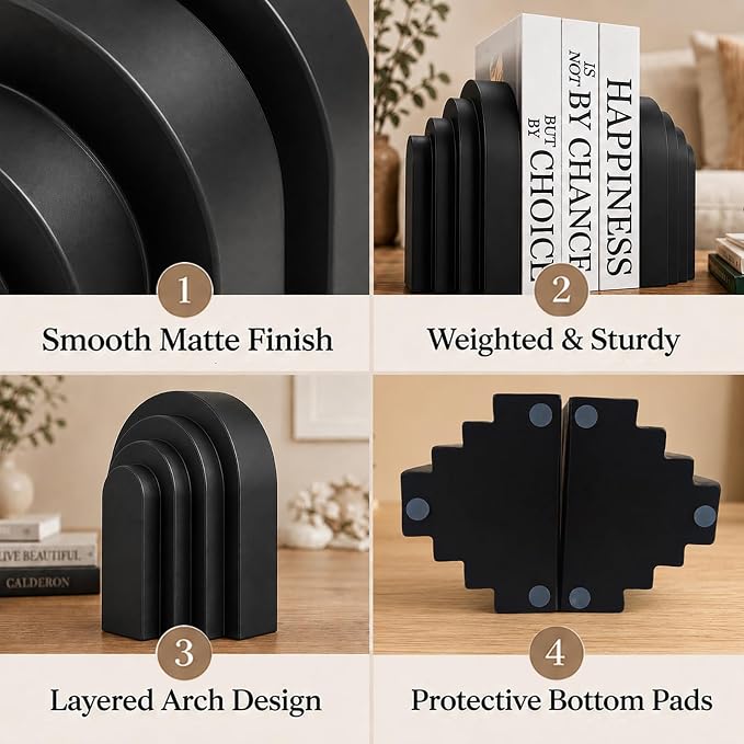 Book Ends for Heavy Books, Resin Decorative bookends, Heavy Duty Bookend for Shelves, Book Stopper for Shelves, Modern Home Decor Aesthetic Book Ends, Layered Arch Design Set of 2(Matte Black)