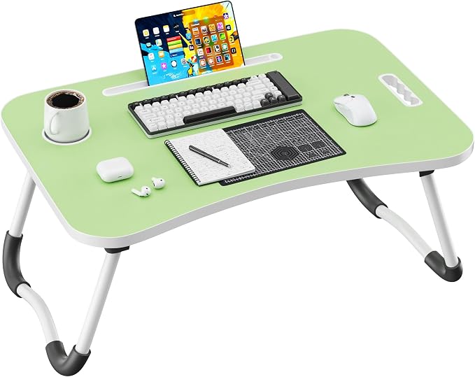 Folding Lap Desk, 23.6 Inch Wood Laptop Bed Desk with Cup Holder, Portable Bed Table for Working Writing Reading & Eating for Bed, Sofa, Couch, Floor - Green