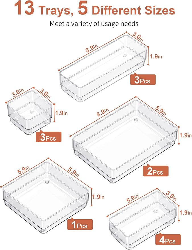 SMARTAKE 13-Piece Drawer Organizer with Non-Slip Silicone Pads, 5-Size Desk Drawer Organizer Trays Storage Tray for Makeup, Jewelries, Utensils in Bedroom Dresser, Office and Kitchen (Clear)