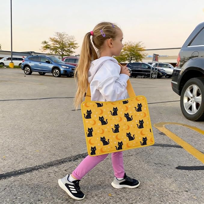 MENZOKE Kids Travel Tray for Toddler Car Seat, Toddler Gift for Boy | Road Trip Essentials Accessories Lap Tray, 16.5 x 13 inch, iPad Holder Stand, Storage Pockets, Snack Compartment, Yellow