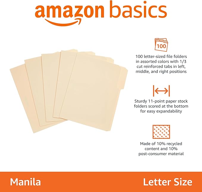 Amazon Basics Sturdy File Folders with Reinforced Tabs for Filing and Organization, 1/3-Cut Tab, Assorted Positions, Letter Size, 8.5x11 inches, Manila, 200-Pack