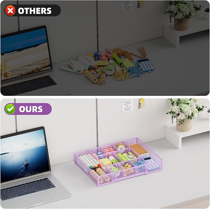 Marbrasse Expandable Desk Drawer Organizer, Mesh Drawer Organizer Tray with 10 Adjustable Compartments, Desk Organizers and Accessories for Office Supplies, Makeup & Vanity (Expandable-Purple)