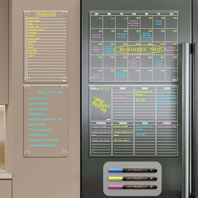 JJPRO Non Magnetic Dry Erase Calendar for Fridge-Reusable Monthly&Weekly Planning Board, List and Blank Board for All Smooth Surfaces. Clear Reusable Board Sticks to Fridge,Wall,Door&Glass