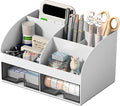 COMFYROOM Desk Organizer with 6 Compartments and 2 Drawers, Plastic Makeup Organizer, Pen Holder for Desktop Storage, Desk Organization for School, Home, Office Supplies (Grey)