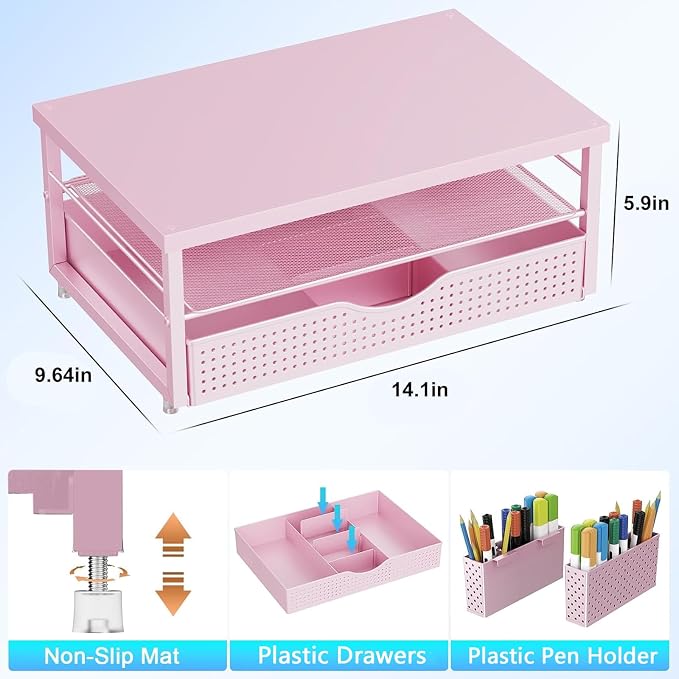 gianotter Desk Organizers and Accessories, Monitor Stand with Drawer and 2 Pen Holder, Desktop Organizer Suitable for Offices and Dormitories (Pink-Plain)