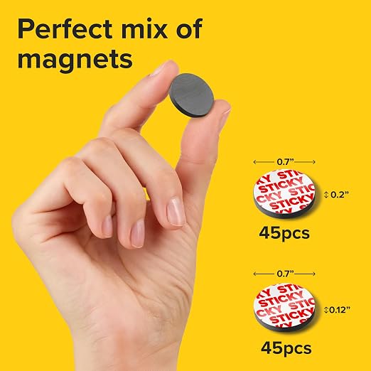 Ultra-Strong Ceramic Round Magnets with Adhesive Backing (2 Sizes Mix, 90 pcs) – Heavy Duty Sticky Magnets, Non-Corrosive, Versatile for Home, Office, Workshop, Whiteboard, Fridge and Hobby Use