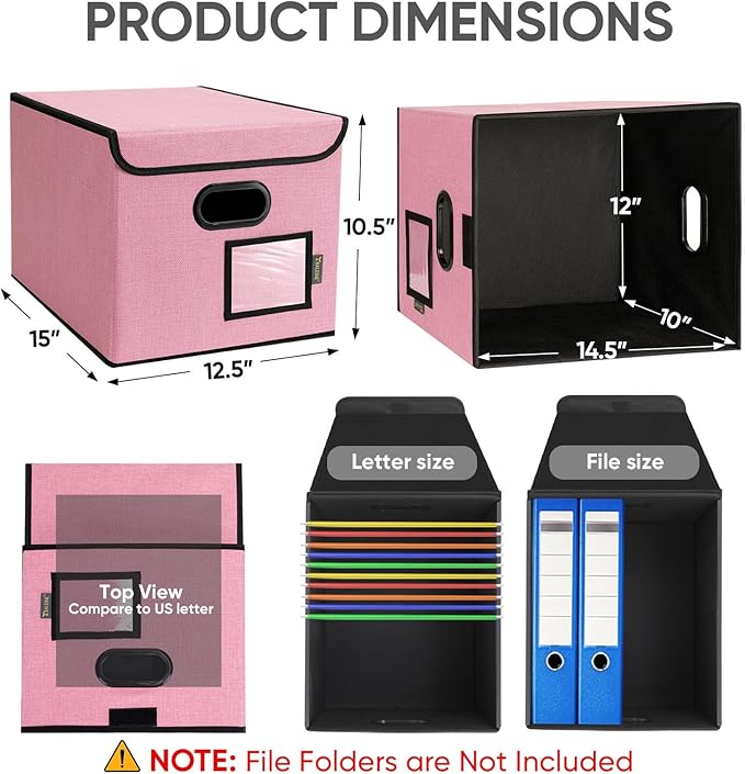 BALEINE File Organizer Box with Lid, Collapsible File Folder Organizer with Plastic Slide, Hanging File Folder Box for Office Document Storage (1 Pack, Pink)