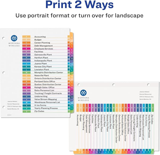 Avery A-Z Dividers for 3 Ring Binders, 26 Tabs per Set, Customizable Table of Contents, Multicolor Tabs, Great for Organizing Reports, Projects, and More (11125)