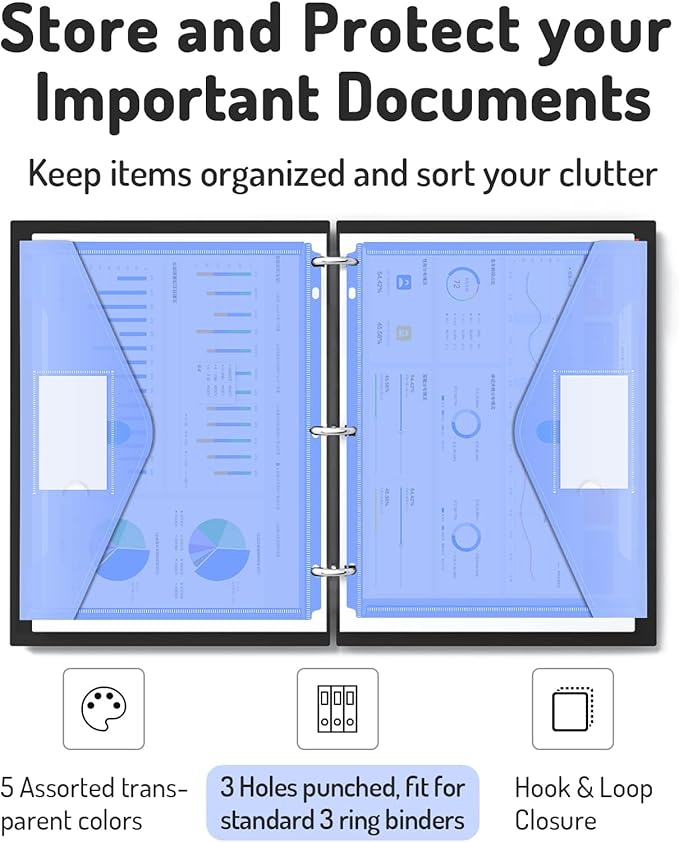 Forvencer Binder Pocket, 36 Pack Super Heavyweight Poly Binder Pocket with Tight Closure, Binder Folders Side Loading, 3 Ring Binder Pocket, Binder Dividers with Pockets, Letter Size, Assorted Colors