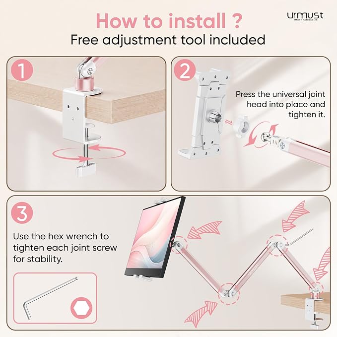 Urmust Portable Monitor Stand 15.6", iPad Stand for Desk, Portable Monitor Holder up to 18.5", Adjustable Desktop Tablet Arm Mount, iPad Holder for Desk, for 4.7"-12.9" i Pad Pro/Air/Mini Pink
