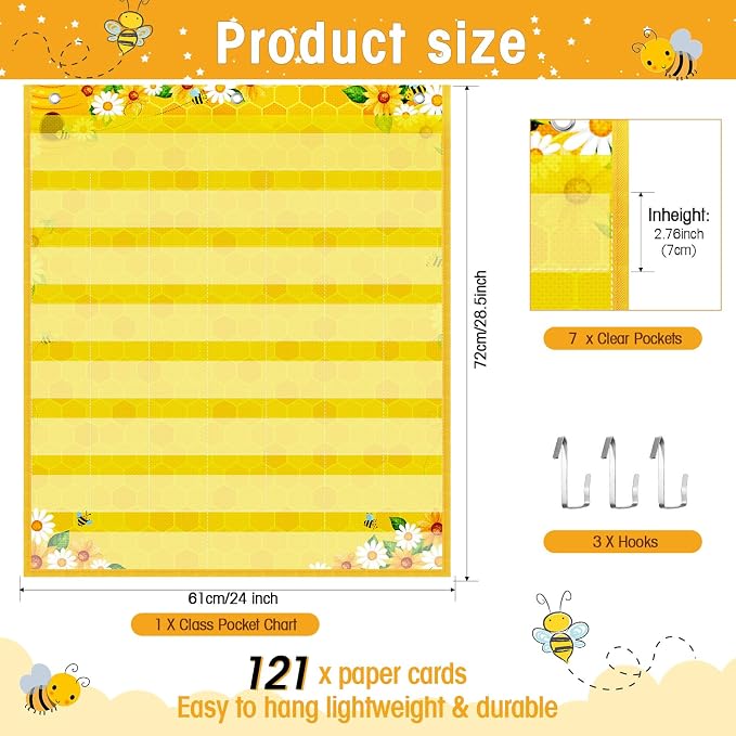 Sinload Classroom Calendar Pocket Chart Set Calendar Bulletin Board Set Seasons Festival Weather Pocket Chart for Classroom Decoration Back to School Supplies(Bee,Yellow)