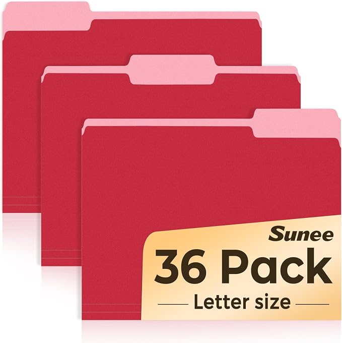 SUNEE File Folders, 36 Pack Manilla Folders 8.5 x 11, Colored File Folders Home Office School Supplies for Documents Files Paper, Red Colors