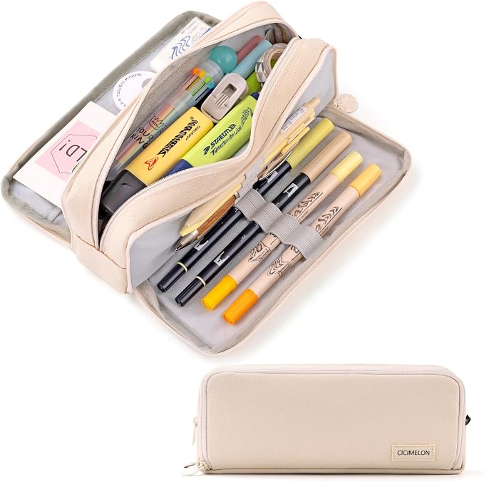 CICIMELON Large Capacity Pencil Case 3 Compartment Pouch Pen Bag for School Teen Girl Boy Men Women (Beige)