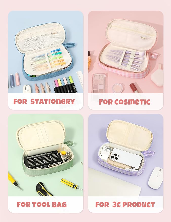 SUNEE Cute Pencil Case, Large Colored Pencil Pouch, Aesthetic Pen Bag with Zipper, Kawaii Stationery Storage and Organizer, School Supplies for Teen and Adult, Boys & Girls, Pink Checkered