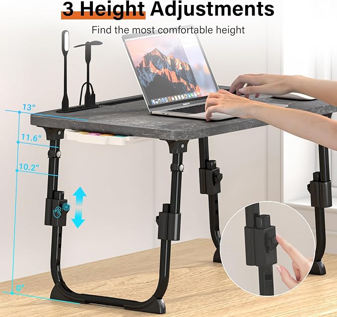 Lap Desk for Bed, Adjustable Laptop Desk with USB Charging Port, Storage Drawer & Bookshelf — Foldable Bed Desk for WFH & Students, 23.6" Desktop Fits 17" Laptop, Non-Slip, Deep Stone Texture