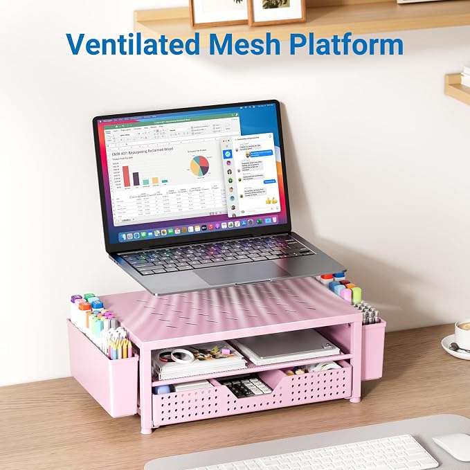 OPNICE Laptop Stand for Desk Organizer and Accessories, 2-Tier Computer Monitor Stand Riser with Drawer and 2 Pen Holders, Ventilated Perforated Steel Top, Office Desk Accessories for Home Office Supplies, Pink