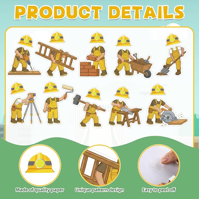 Fuutreo 60 Pcs Construction Site Theme Cutouts Construct Helmet Bulletin Board Decorations Building Worker Paper Cut Outs Classroom Decor for Kindergarten Preschool DIY Craft Photo Wall Door Supplies