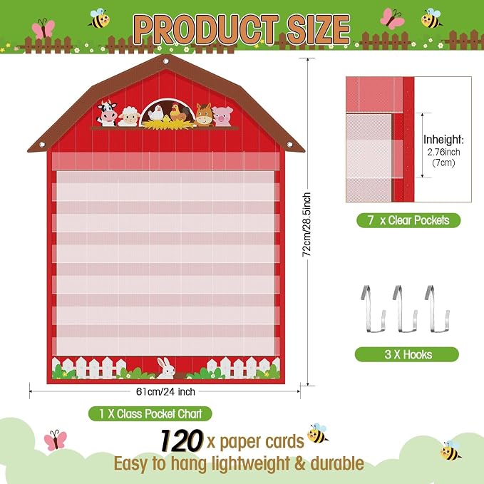 Sinload Classroom Calendar Pocket Chart Set Calendar Bulletin Board Set Seasons Festival Weather Pocket Chart for Classroom Decoration Back to School Supplies(Farm,Red)